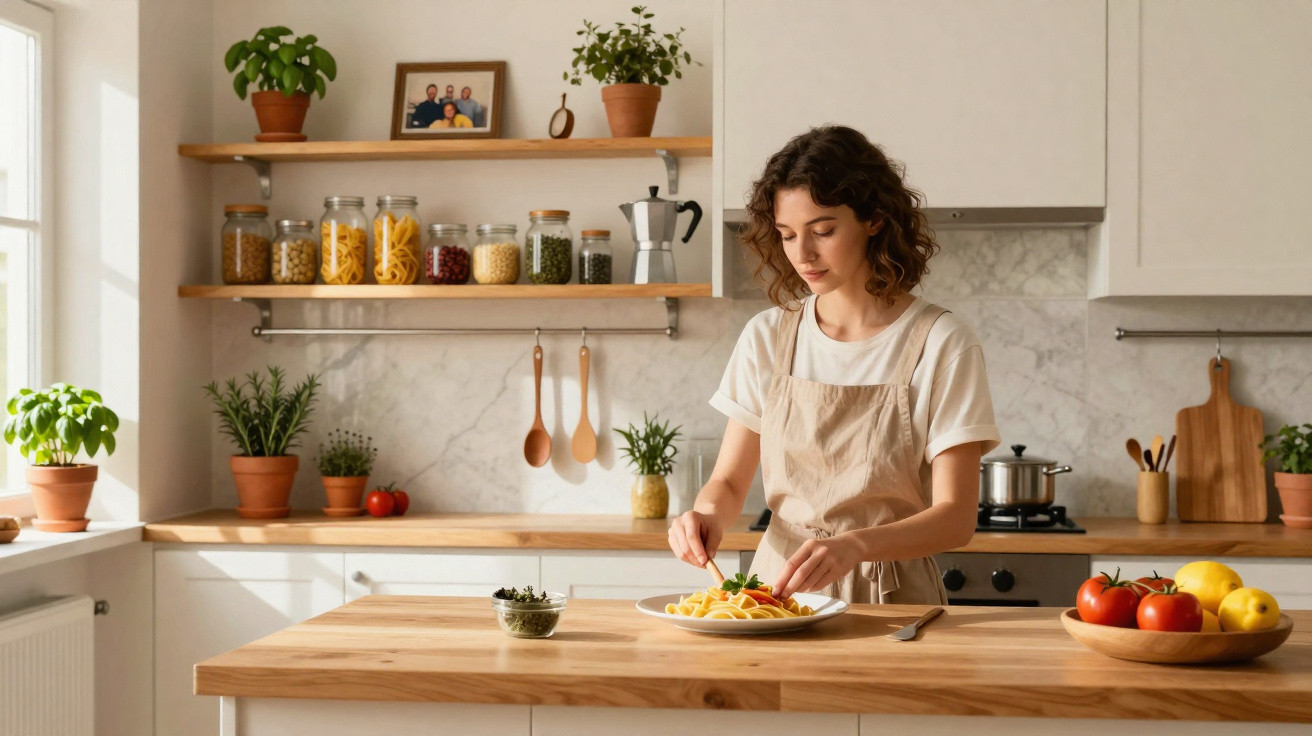 Woman in beige apron preparing a plate of pasta in a bright kitchen with wooden shelves and plants.