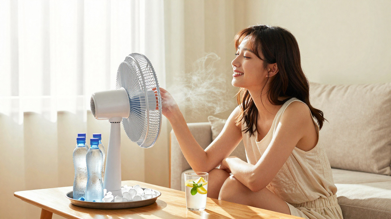 Woman cooling off with a misting fan beside a glass of iced lemon water on a living room table