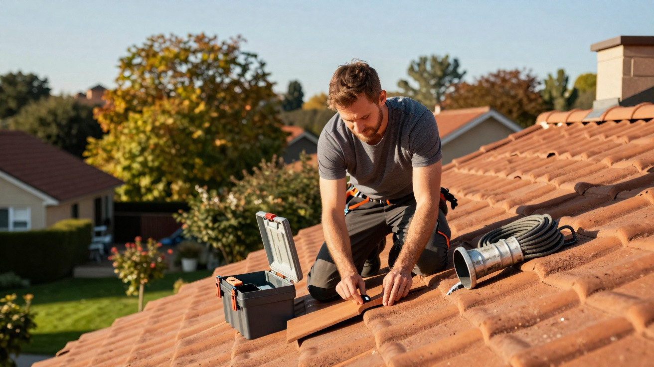 Man in grey t-shirt fixing terracotta roof tiles on a sunny day with toolbox and hose nearby