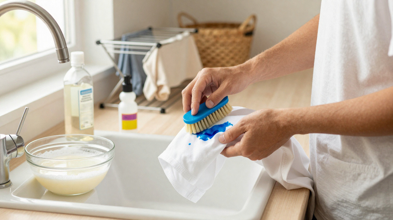 Person scrubbing blue ink stain on white fabric over a kitchen sink with cleaning supplies nearby.
