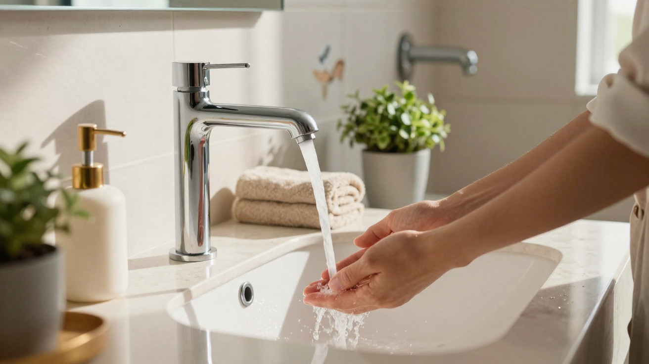 Person washing hands under running water from a modern chrome faucet in a clean bathroom sink.