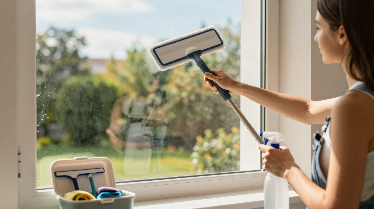 Woman cleaning a window with a spray bottle and mop in a bright room with a garden view outside.