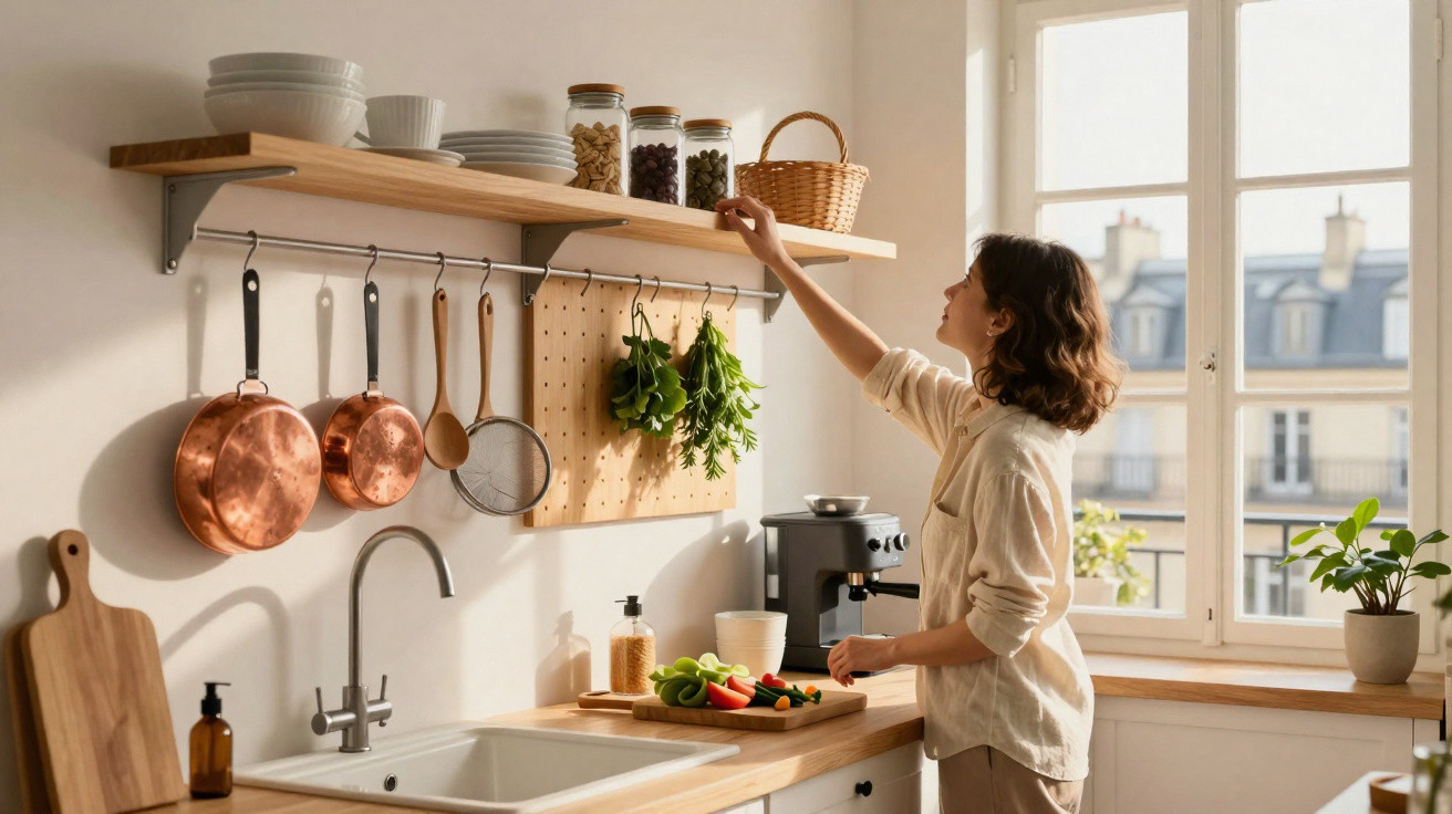 Woman reaching for jars on a wooden shelf in a sunlit kitchen with copper pans and fresh vegetables on the counter
