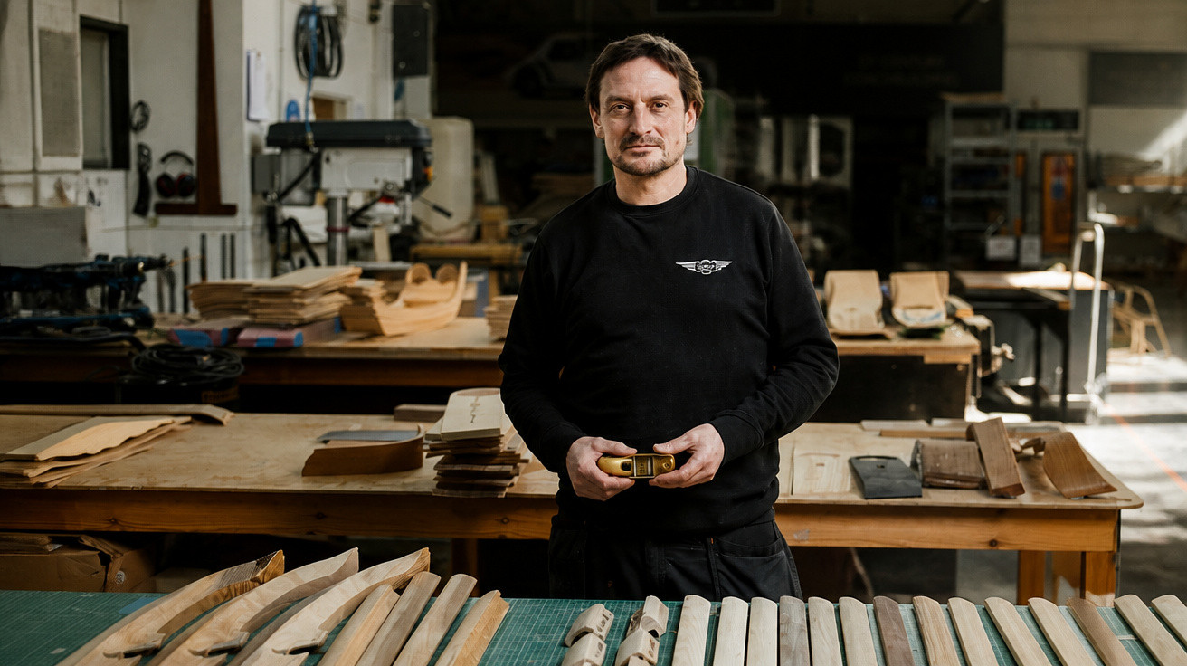 Man standing in a workshop with wooden parts and tools on tables around him.