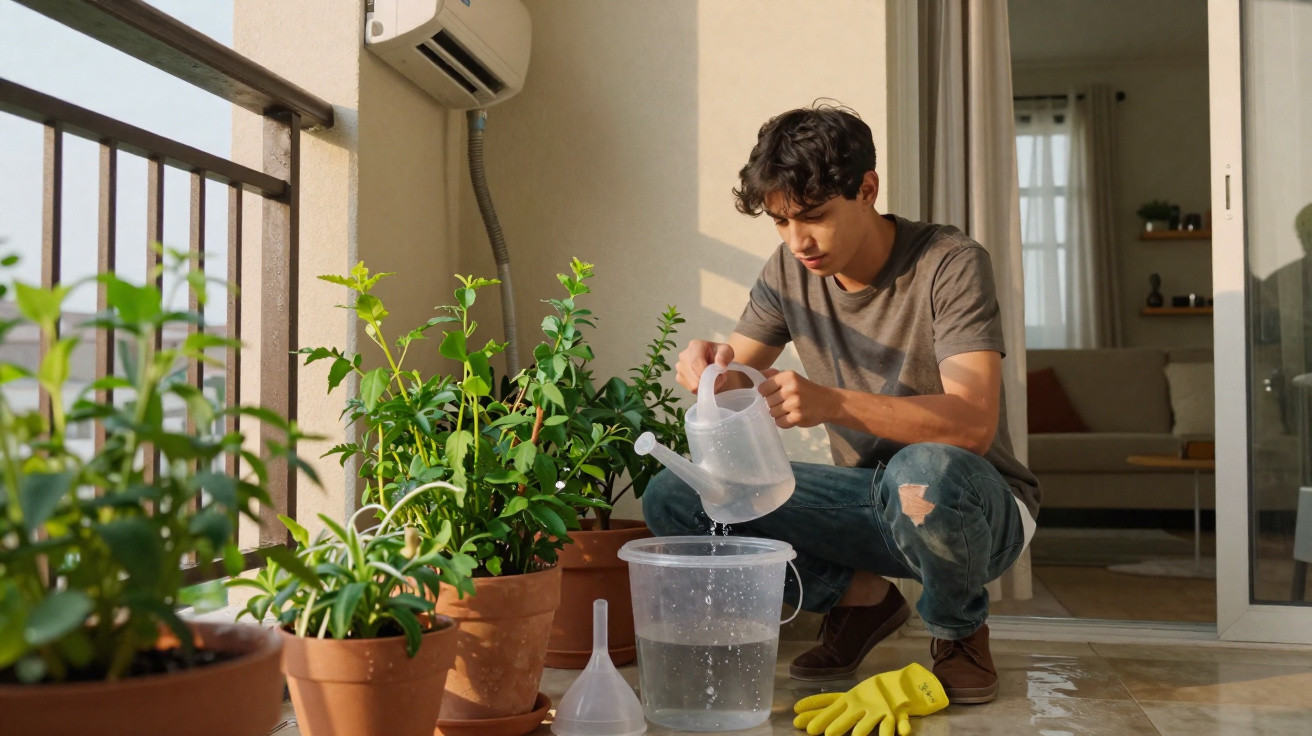 Young man watering potted plants on a balcony with a clear watering can and gloves nearby.