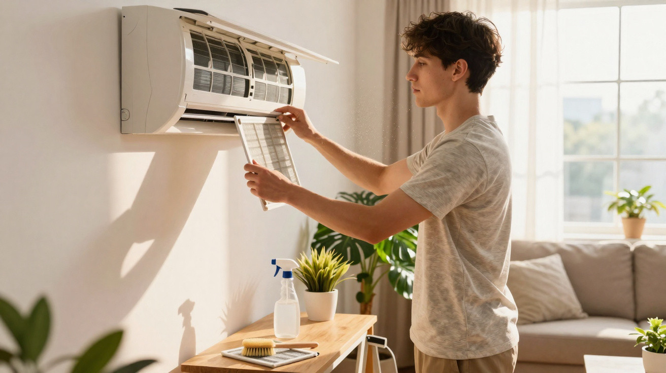 Young man removing air conditioner filter for cleaning in bright living room with plants and sunlight
