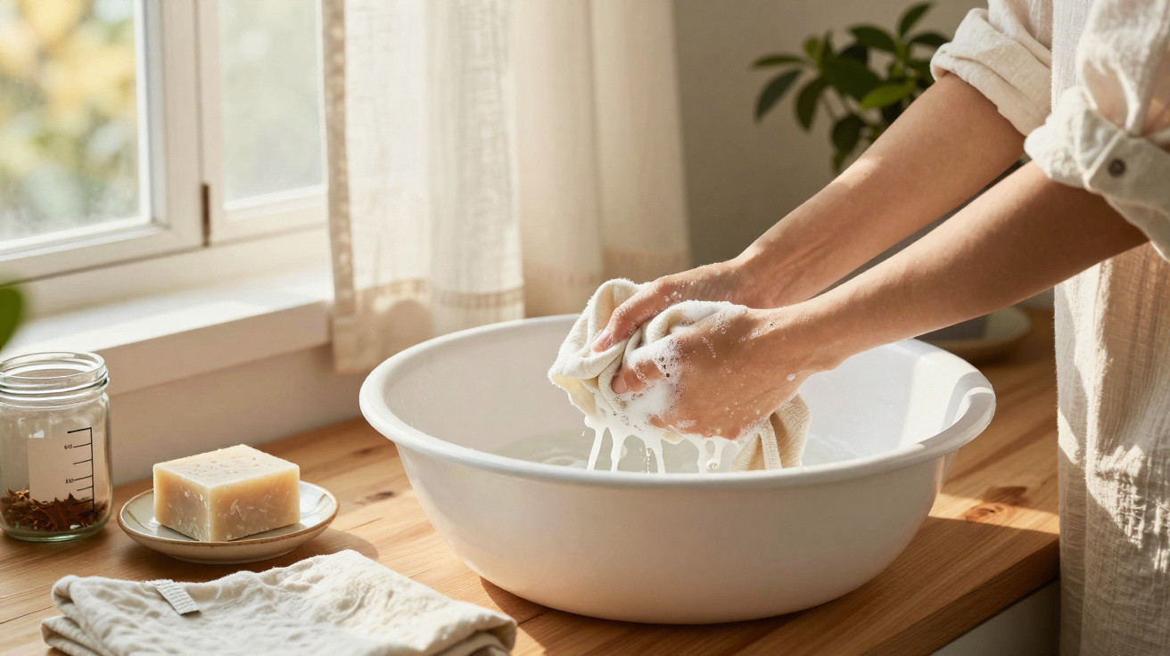 Hands wringing out a wet cloth over a white basin on a wooden surface by a window with natural light.