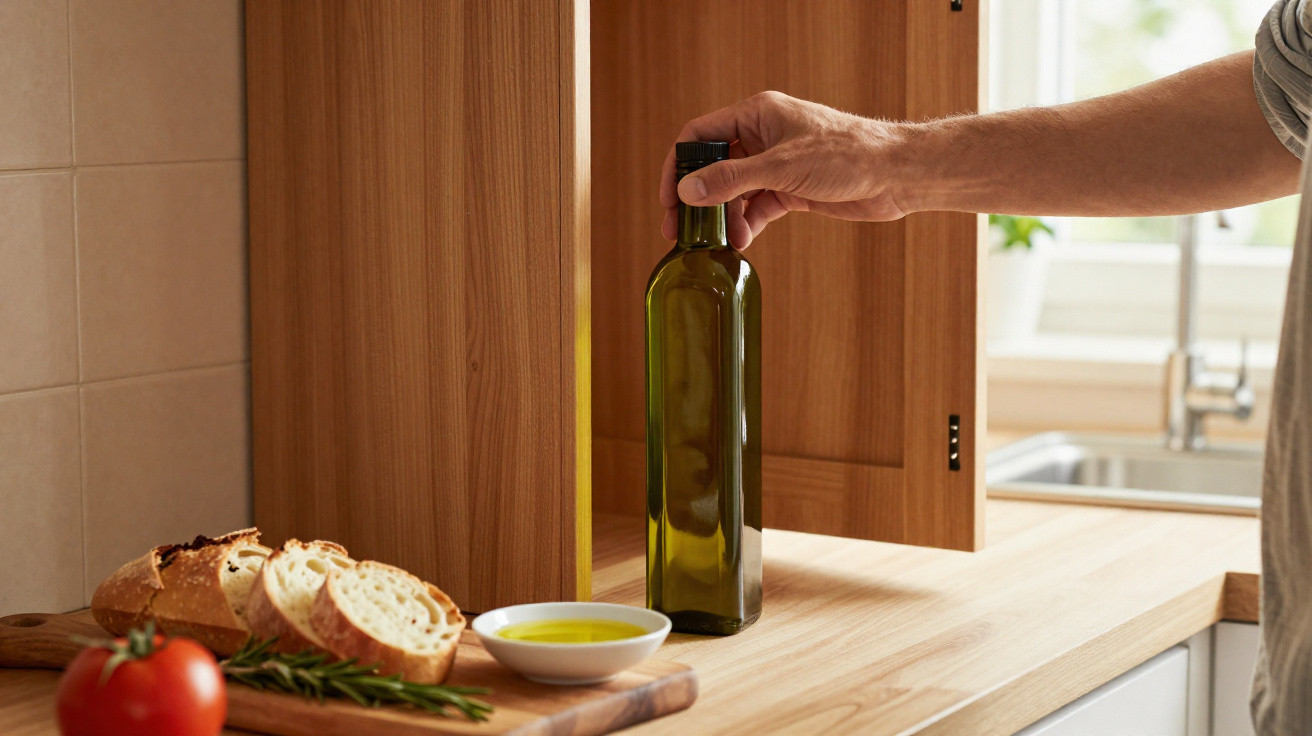 Hand reaching for a green bottle on a wooden kitchen counter with bread, olive oil, and tomato nearby.