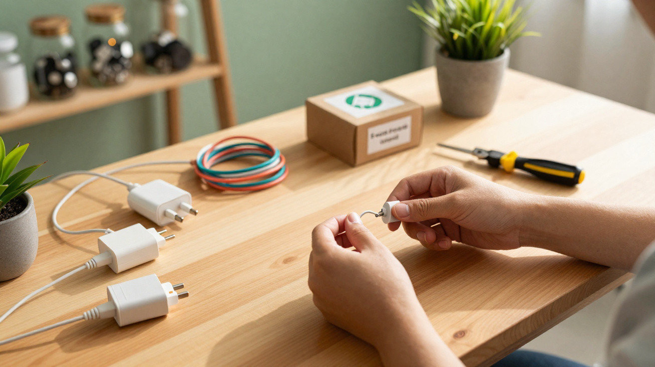 Person holding a small electronic component at a wooden desk with chargers, wires, screwdriver, and plants nearby.