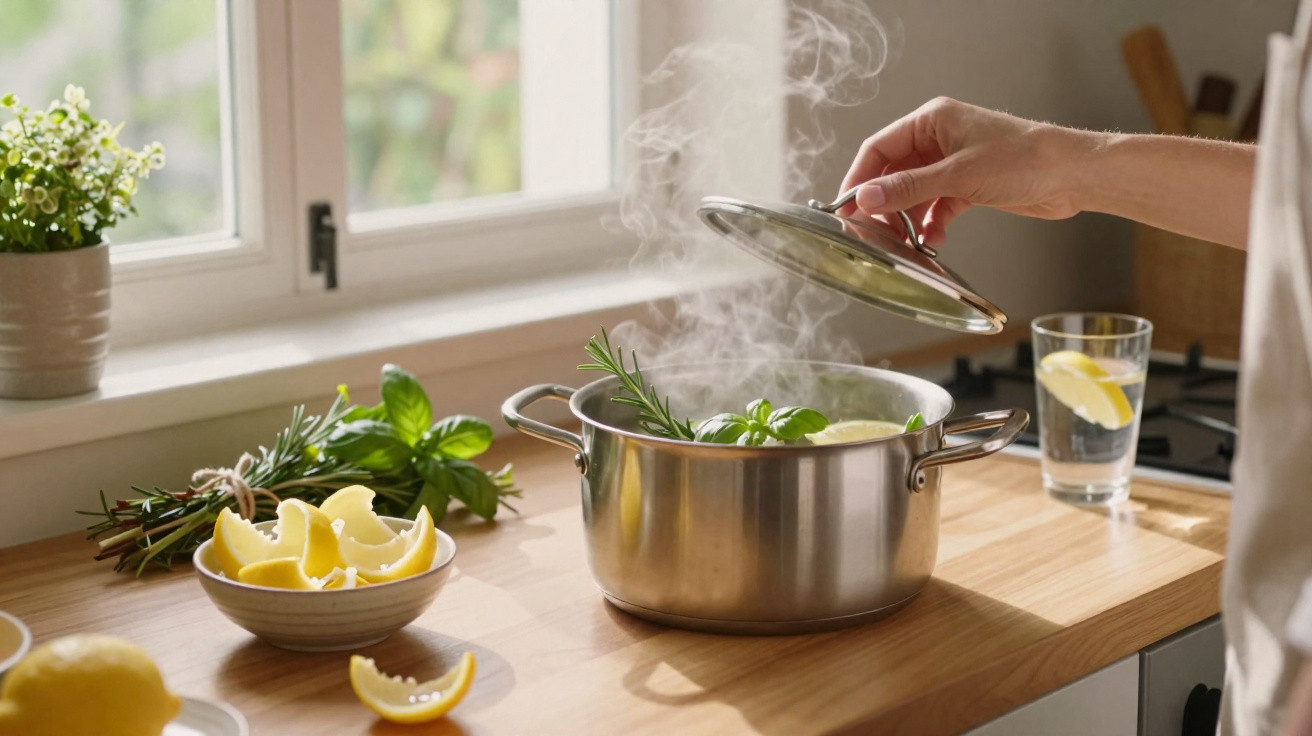 Hand lifting lid off steaming pot with herbs on kitchen counter next to lemon wedges and glass of lemon water.