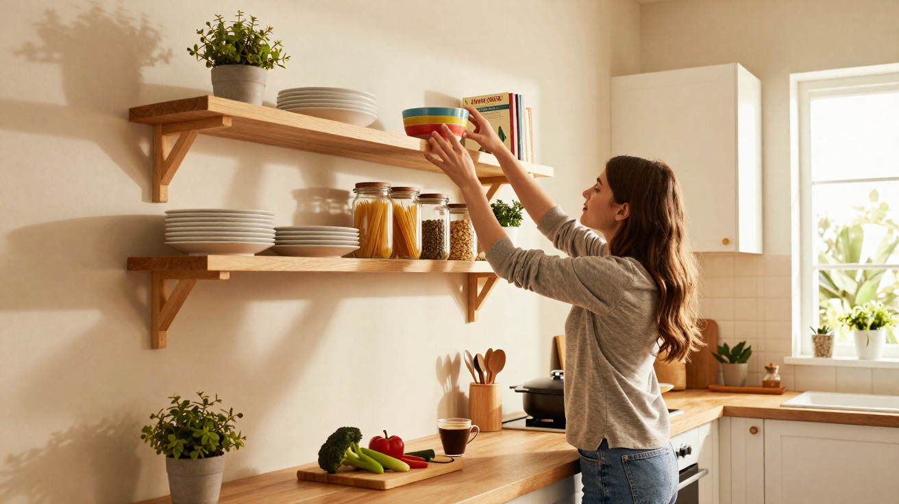 Woman placing colourful bowls on kitchen wall shelves with plants, jars, vegetables, and natural light from window.