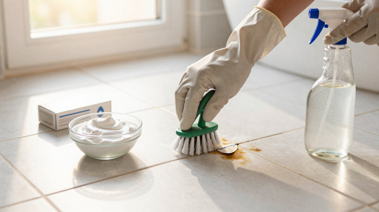 Person wearing gloves scrubbing a stain on kitchen floor tiles with brush and cleaning supplies nearby.