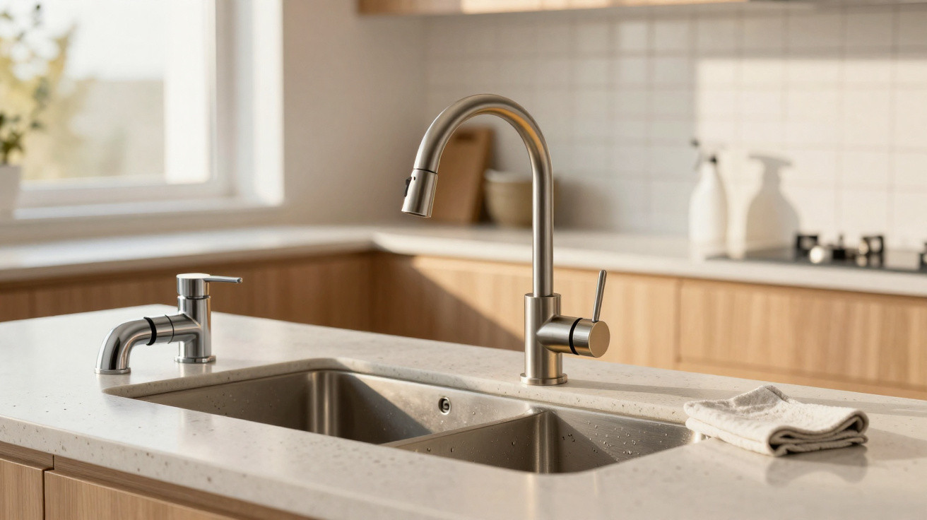 Modern kitchen sink with dual stainless steel basins, a high-arc faucet, soap dispenser, and a folded cloth on the countertop