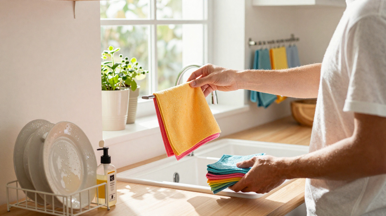Person holding colourful cleaning cloths by a kitchen sink with plants and drying dishes nearby