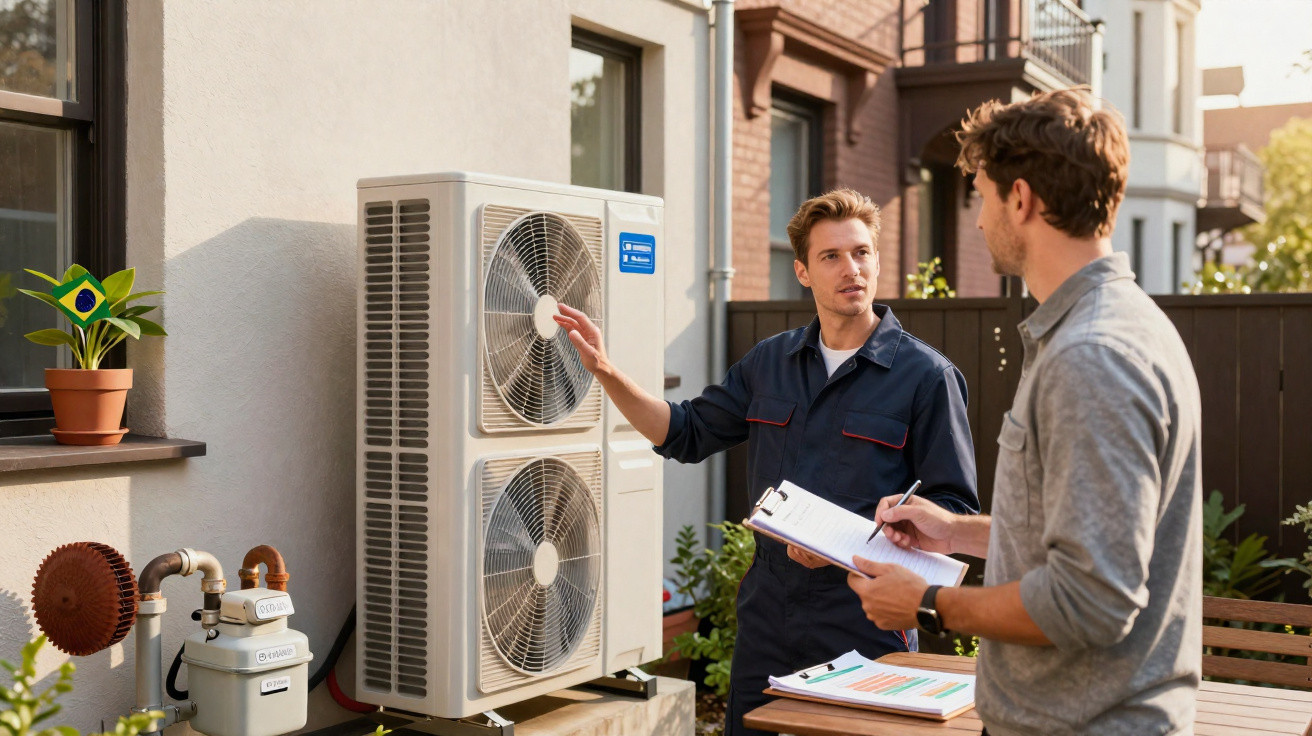 Technician explains air conditioning unit features to customer outside a residential building on a sunny day.