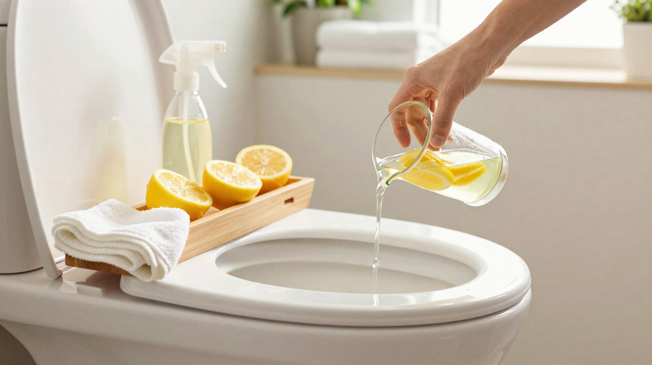 Person pouring lemon water from a jug into a white toilet bowl with lemons and spray bottle nearby.