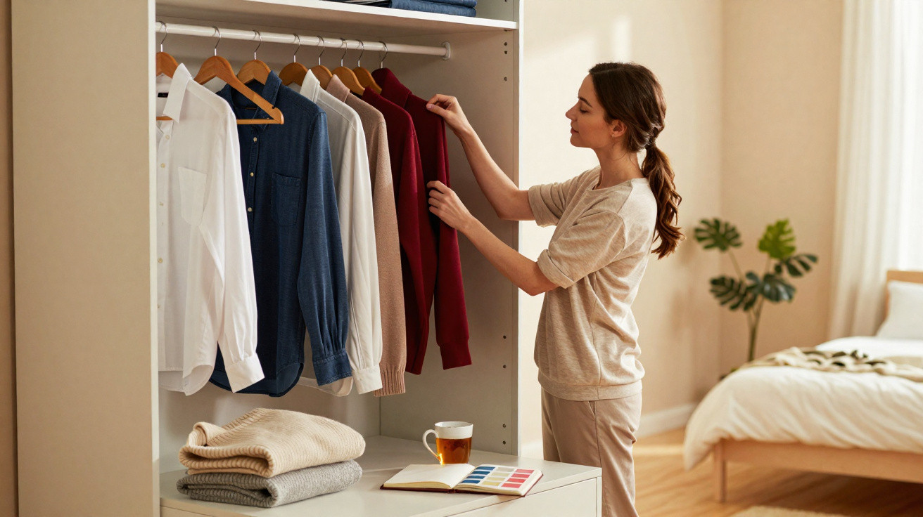 Woman organising shirts in a wardrobe in a bright, tidy bedroom with a bed and plant in the background