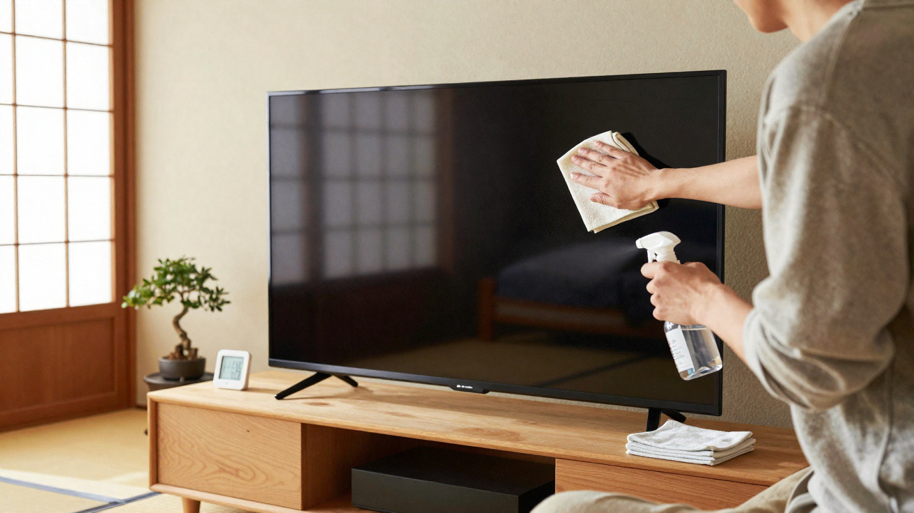 Person cleaning a flat-screen TV with a cloth and spray bottle in a bright living room.