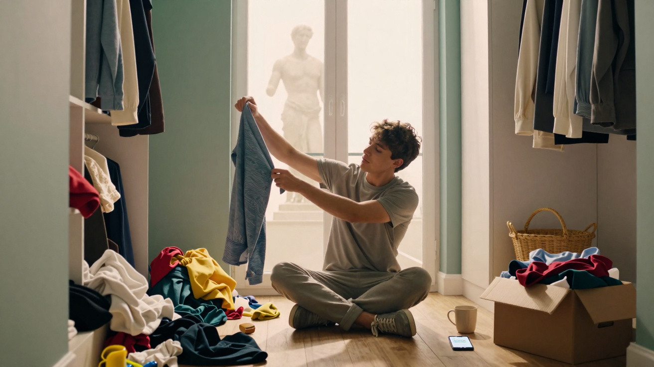 Young man sitting on floor folding clothes in a cluttered walk-in wardrobe with a statue visible through the window.