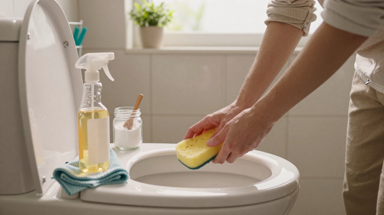 Person cleaning toilet bowl with sponge and natural cleaning supplies on the side in a bathroom.