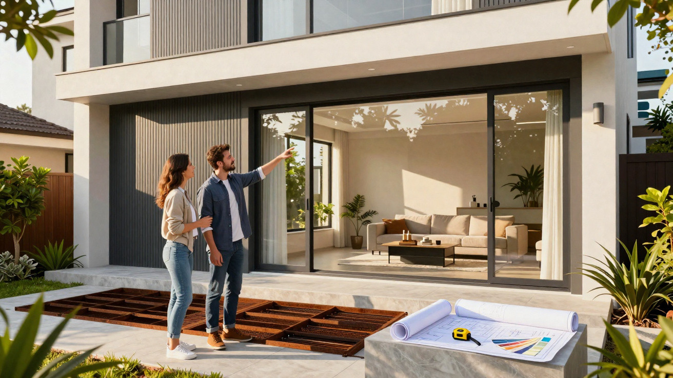 Couple standing outside a modern house under construction while reviewing blueprints on a concrete table.