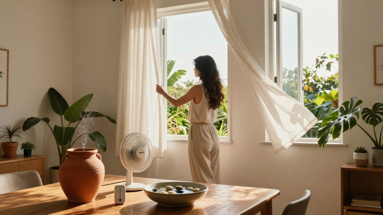 Woman opening light curtains in a sunlit room with plants, a fan, and a wooden table with a bowl of stones.