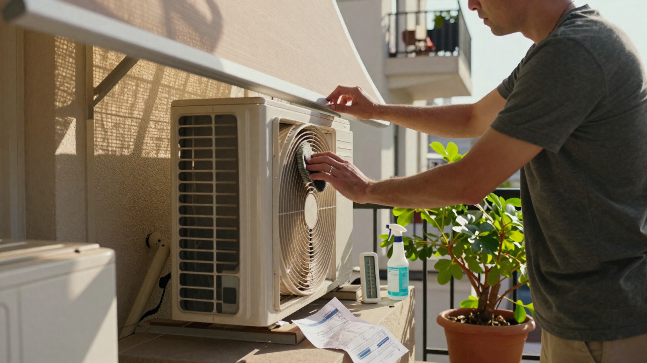 Person inspecting an outdoor air conditioning unit on a balcony with tools and instructions nearby.