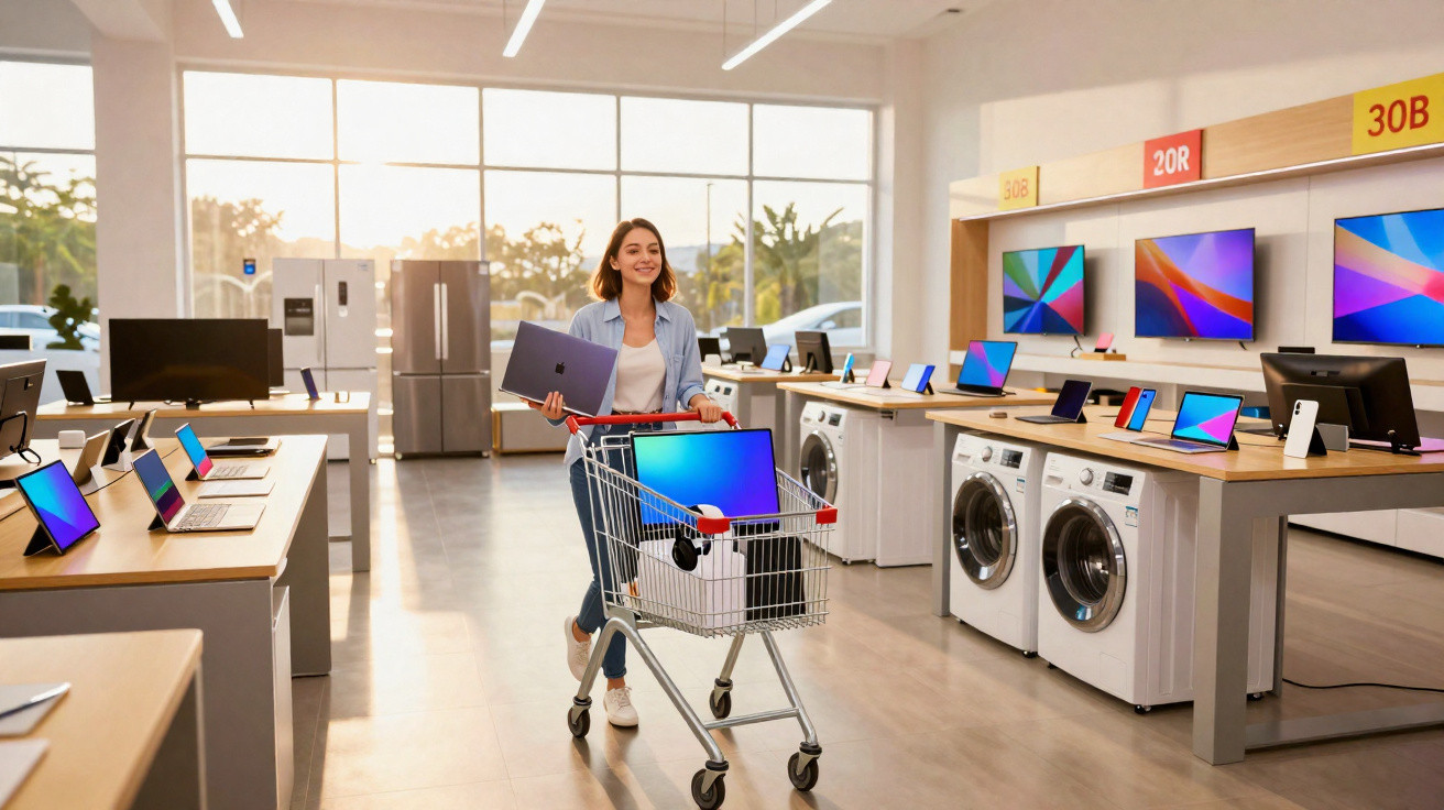 Woman shopping with a laptop and desktop computer in a bright electronics store with appliances on display.