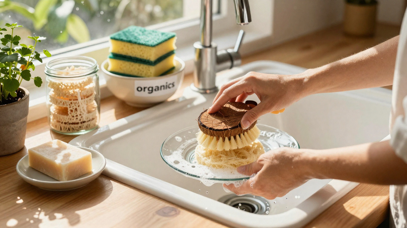 Person cleaning a wooden dish brush in a sink with natural light and eco-friendly kitchen items nearby.