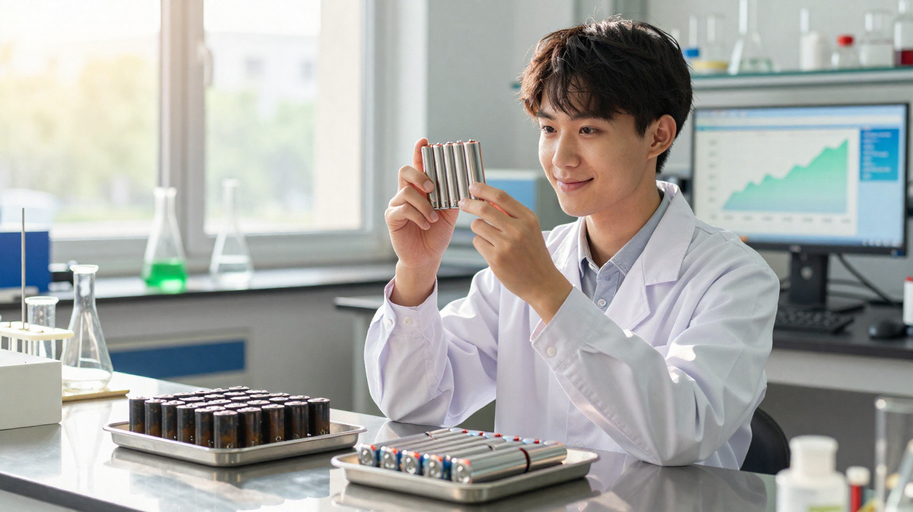 Scientist in white lab coat examining batteries in a laboratory with test tubes and a computer screen.
