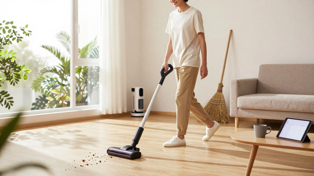 Person vacuuming scattered dirt on wooden floor in bright living room with sofa and coffee table.