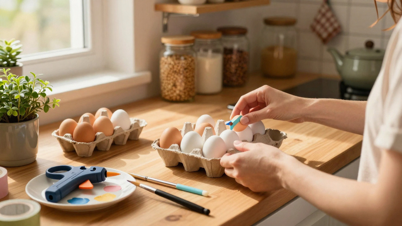 Person decorating white eggs with paint and stickers on a wooden kitchen countertop near a window.