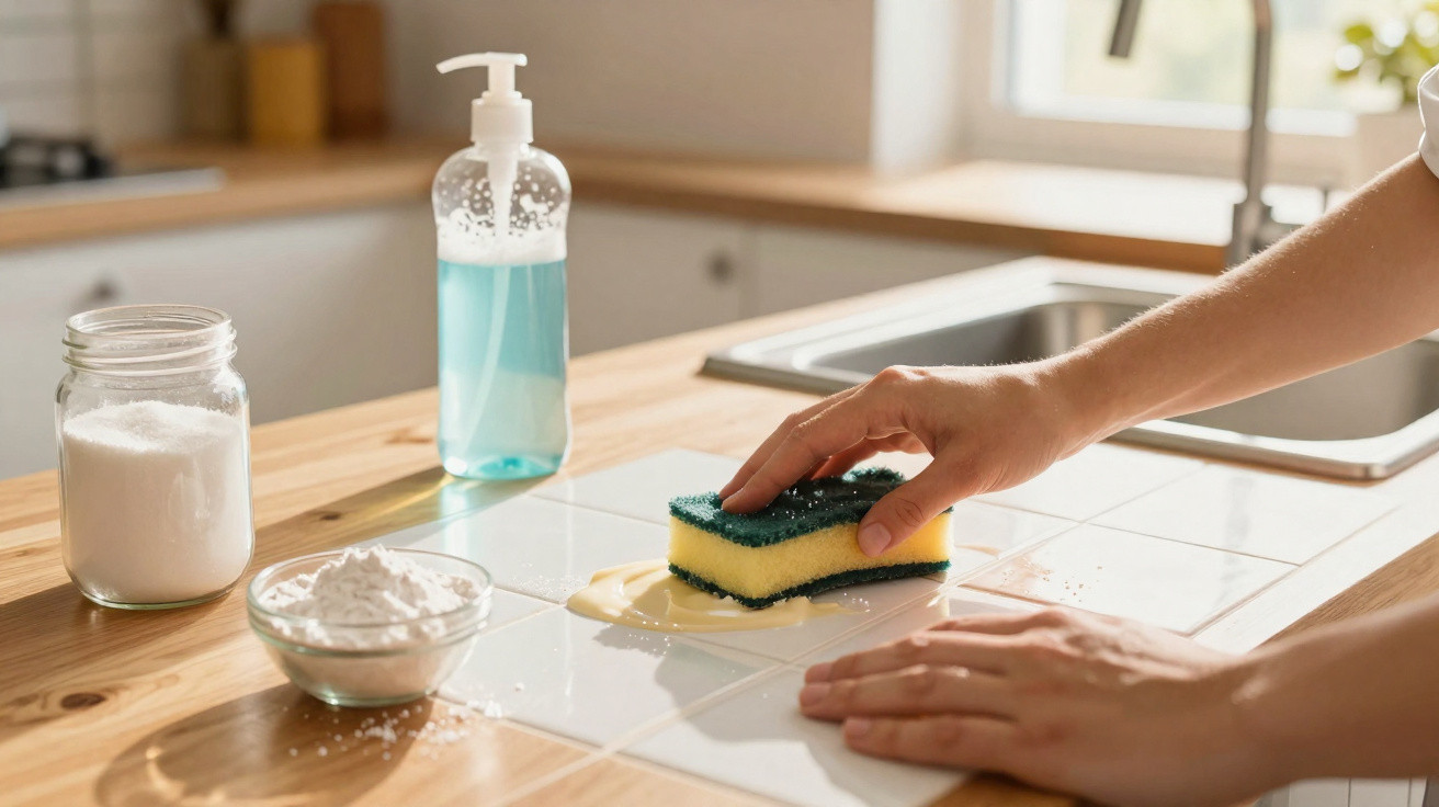 Hands cleaning kitchen tiles with a sponge, soap dispenser, and jars of cleaning powder on wooden countertop.