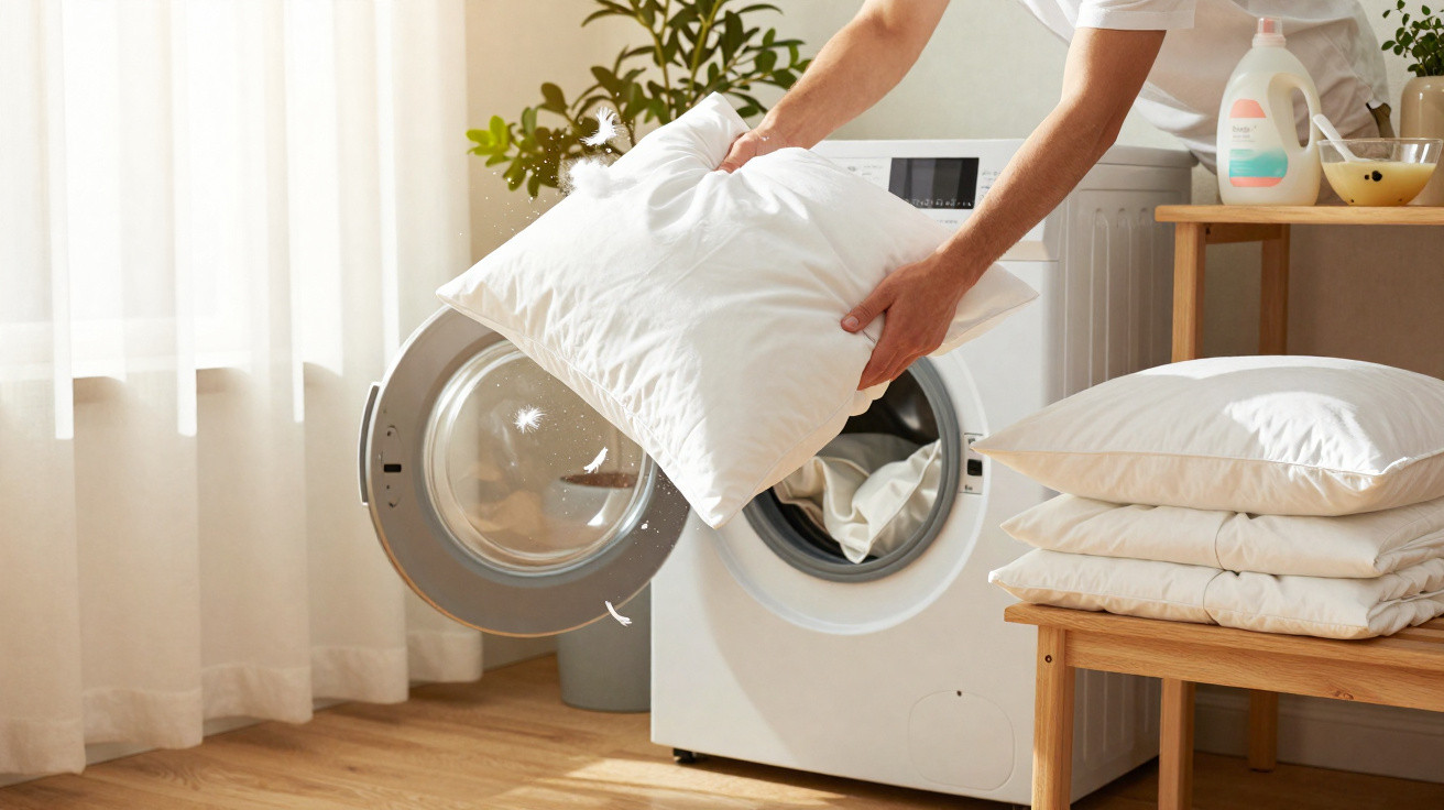 Person placing a white pillow into a front-loading washing machine in a bright laundry room.