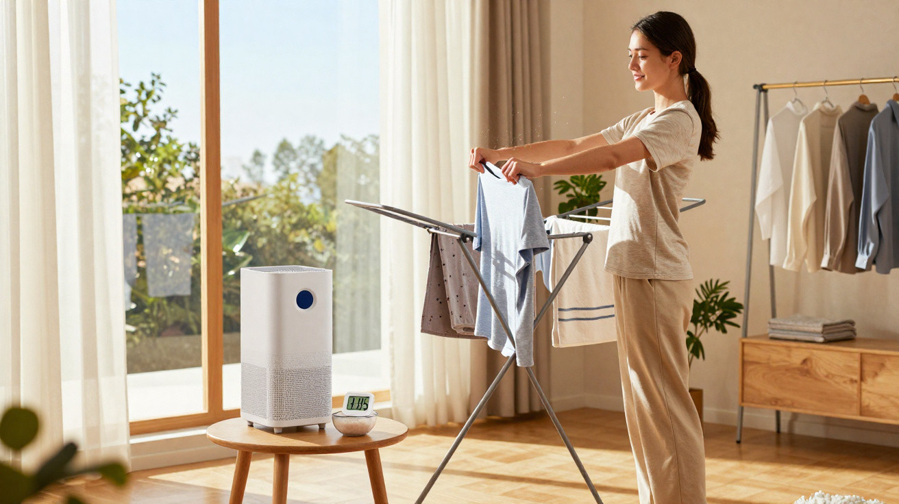 Woman hanging clothes to dry indoors near a humidifier and digital hygrometer by a window