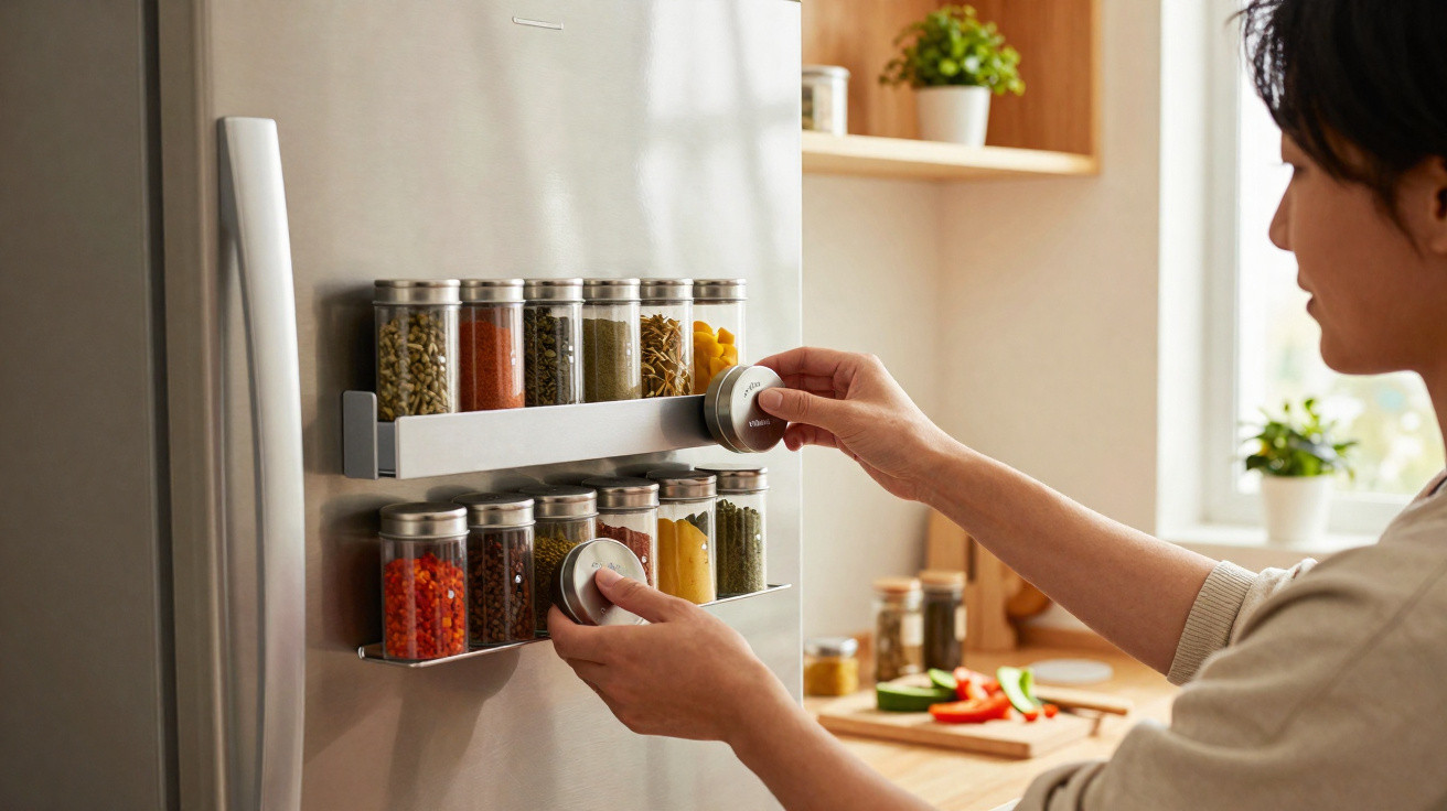 Person adjusting magnetic spice jars on a refrigerator door in a bright kitchen.