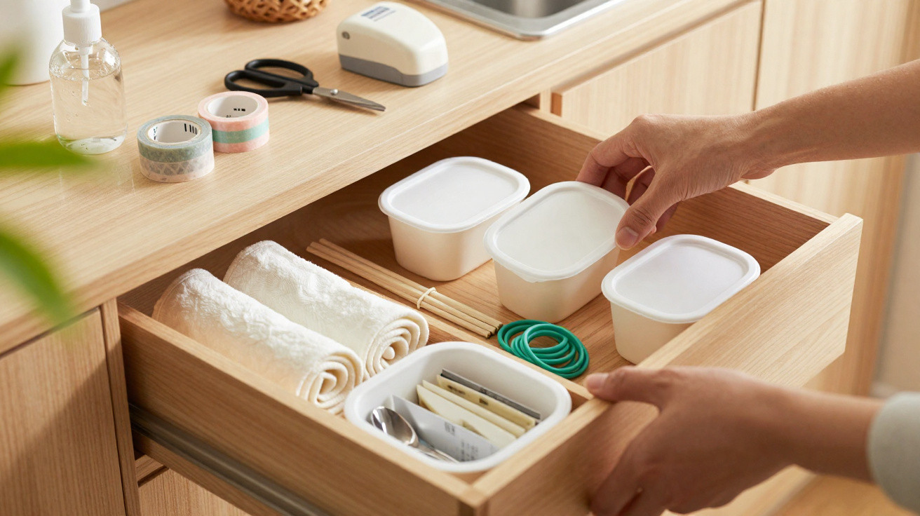 Open wooden drawer with organised storage containers, rolled towels, rubber bands, and stationery items on a desk.