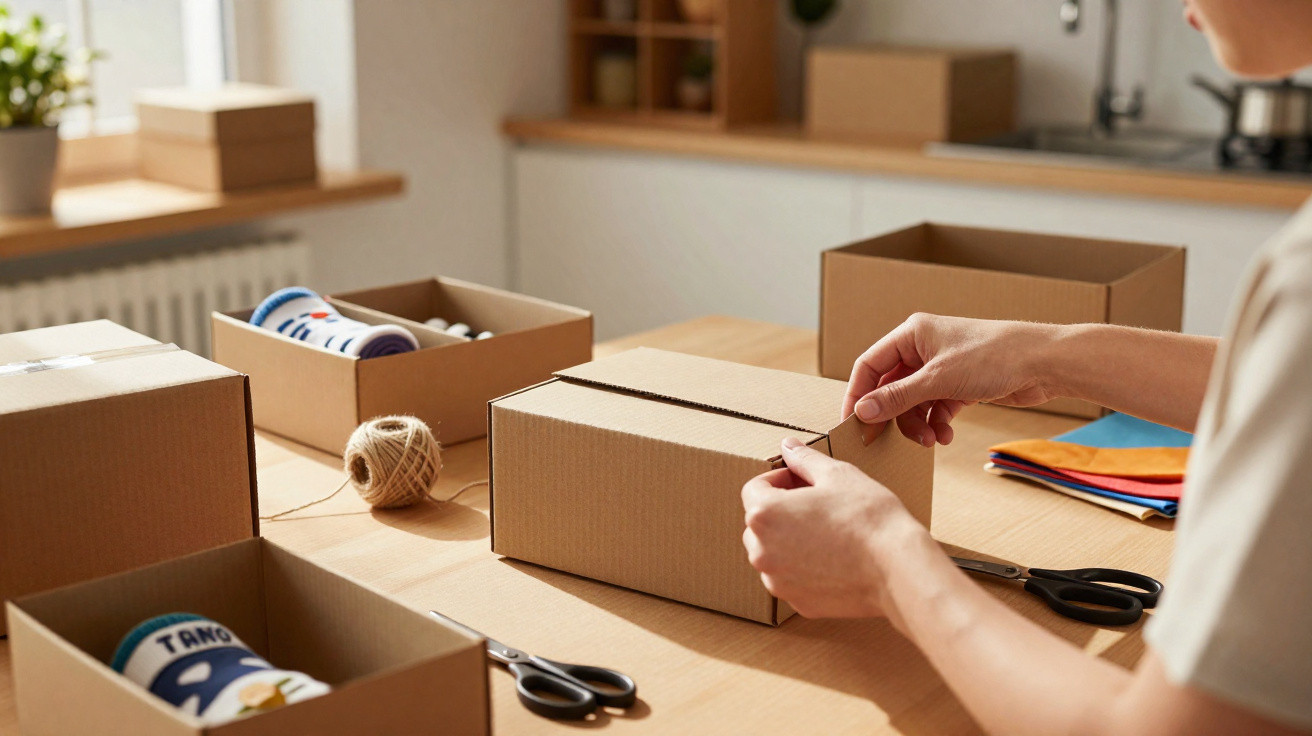 Person sealing a cardboard box on a table with other packing materials and boxes nearby in a bright room.