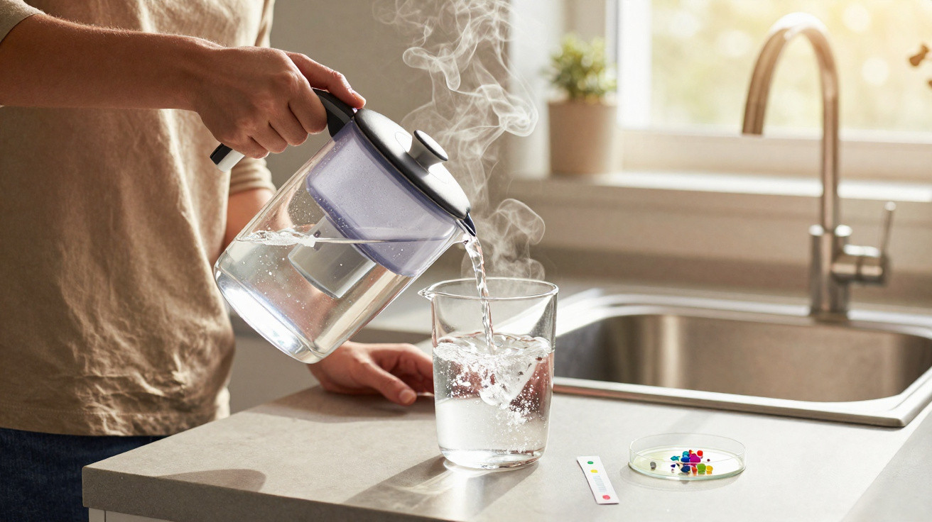 Person pouring steaming hot water from kettle into a glass on kitchen counter near sink and window.
