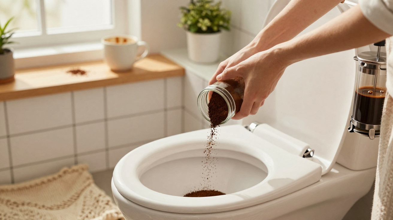 Person pouring coffee grounds into a clean toilet bowl in a bright, tiled bathroom with natural light.