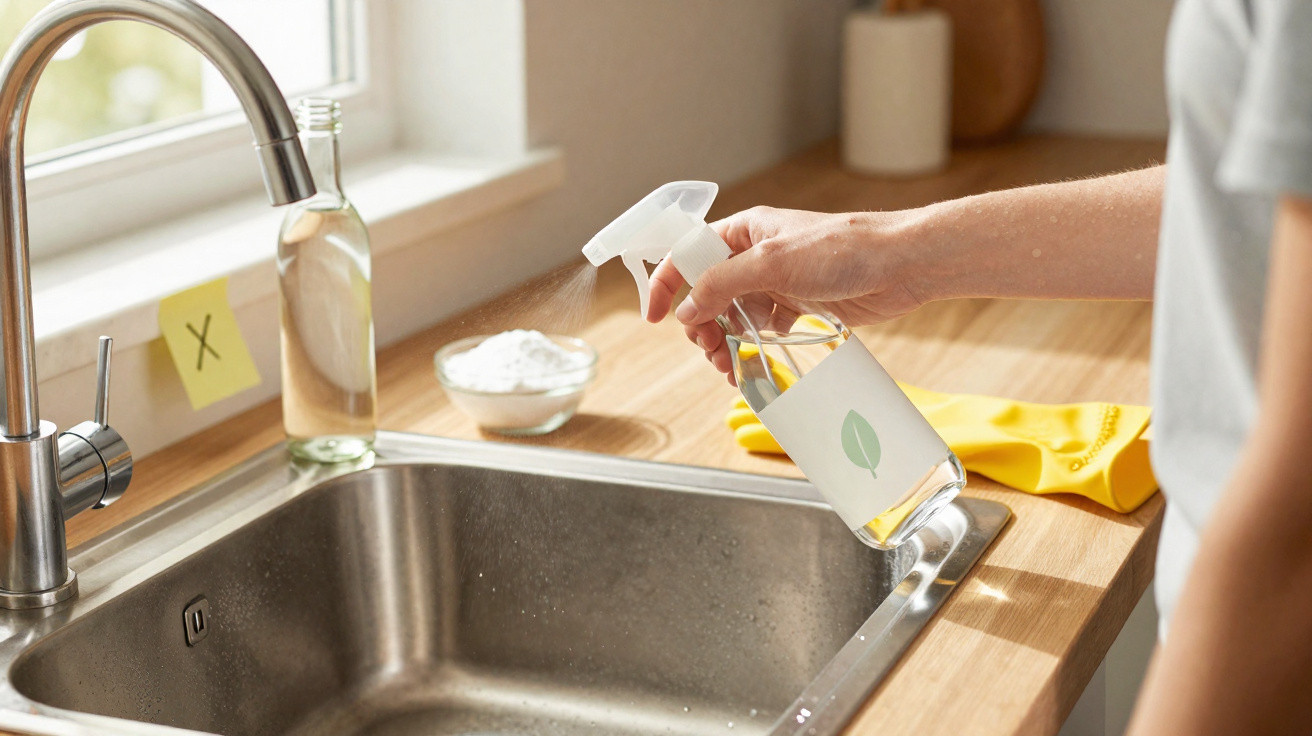 Person spraying eco-friendly cleaner onto a stainless steel kitchen sink with cleaning gloves nearby.