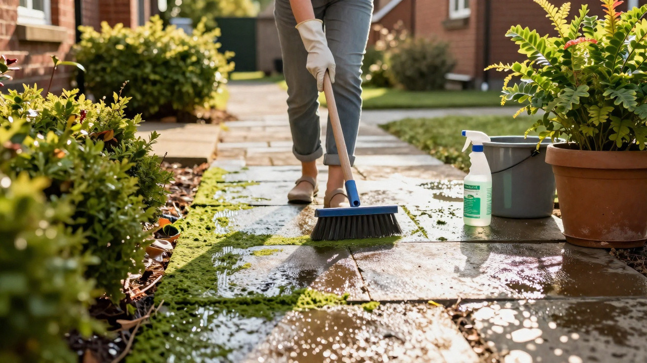 Person wearing gloves scrubbing a mossy and wet stone garden path with a broom in bright daylight.