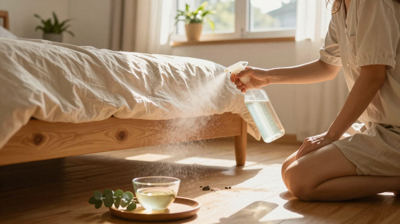 Person spraying liquid cleaner on dirt on wooden bedroom floor next to bed and glass of tea.