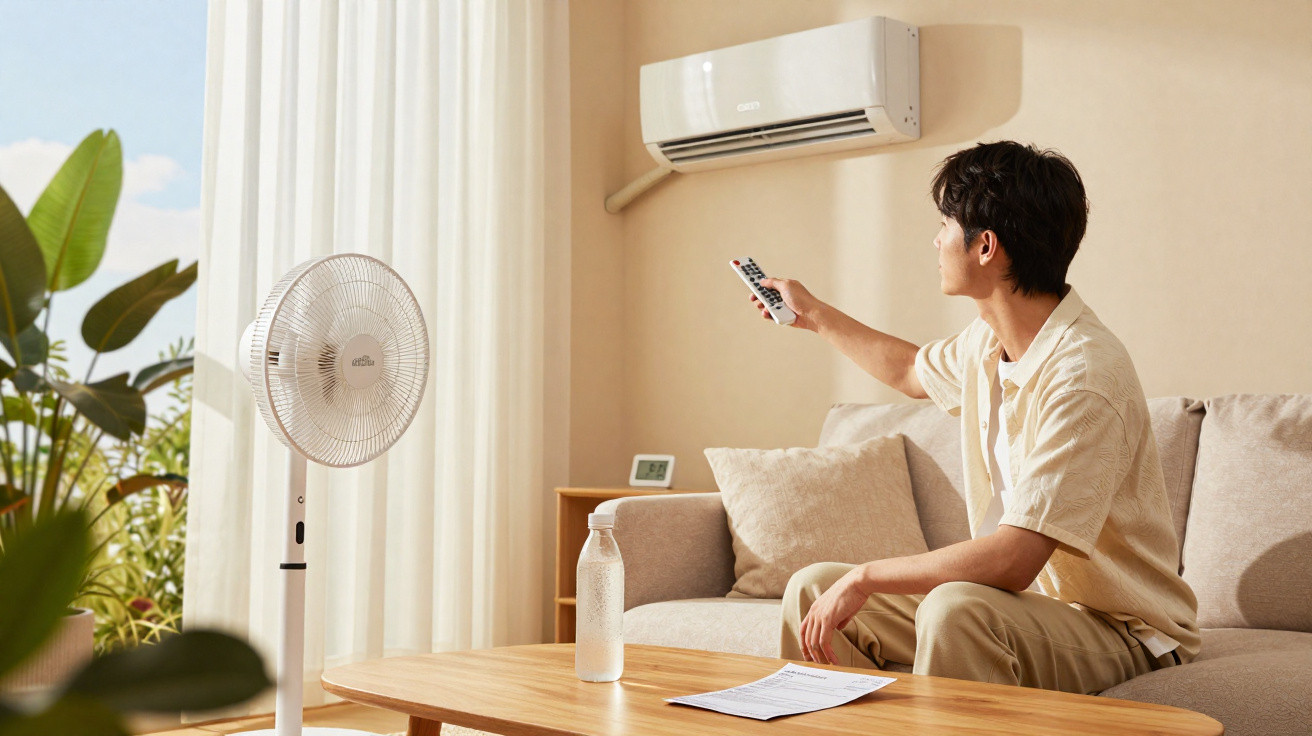 Man sitting on a sofa pointing a remote at an air conditioner in a bright living room with a standing fan nearby.