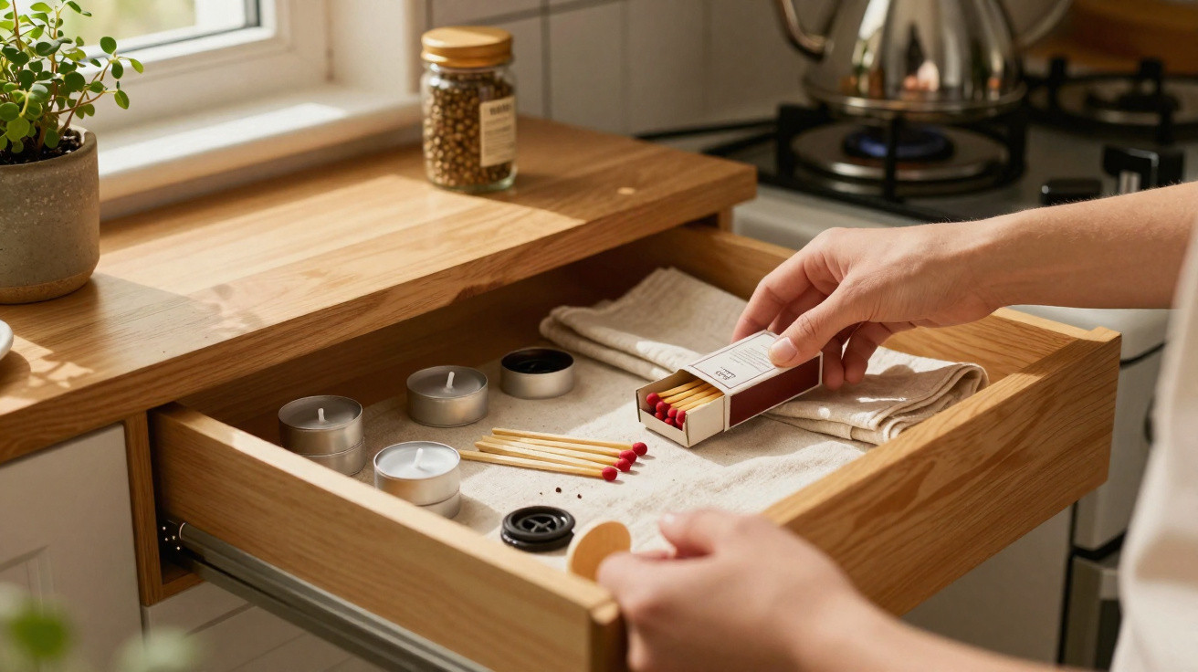 Hands opening a wooden kitchen drawer containing matches, tealight candles, and a white cloth.