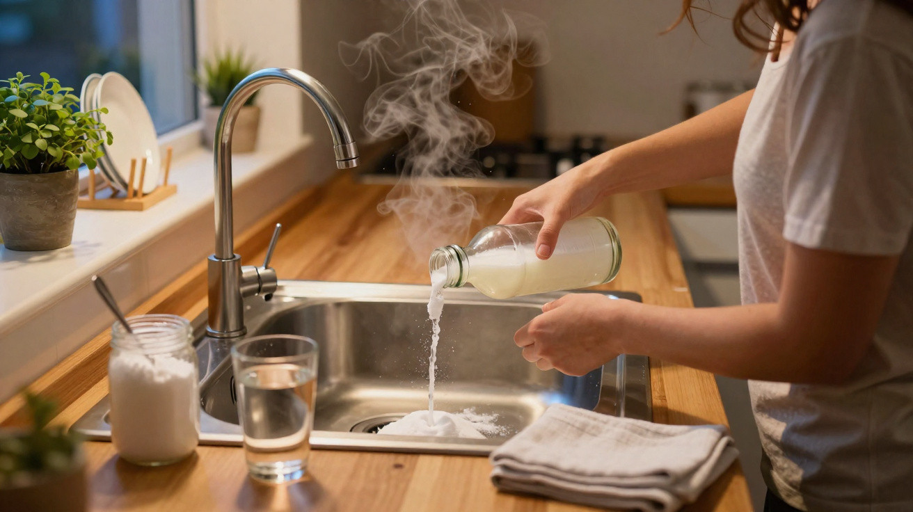 Person pouring white powder from a bottle into a steaming kitchen sink with wooden countertops and a glass of water nearby.