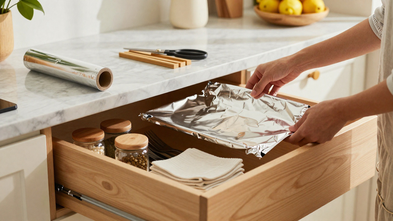 Person placing aluminium foil in a wooden kitchen drawer with jars and linen cloths under a marble countertop.
