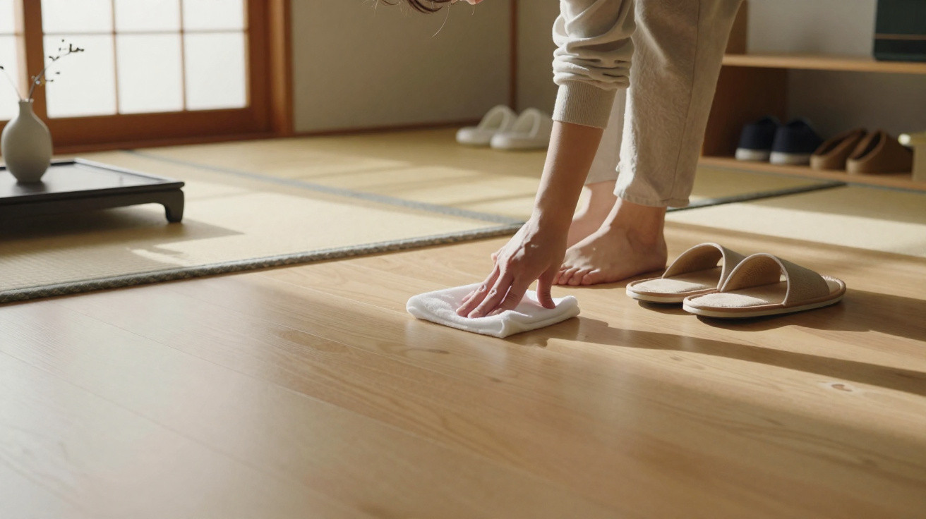 Person cleaning wooden floor with cloth in sunlit Japanese-style room with tatami mats and slippers nearby