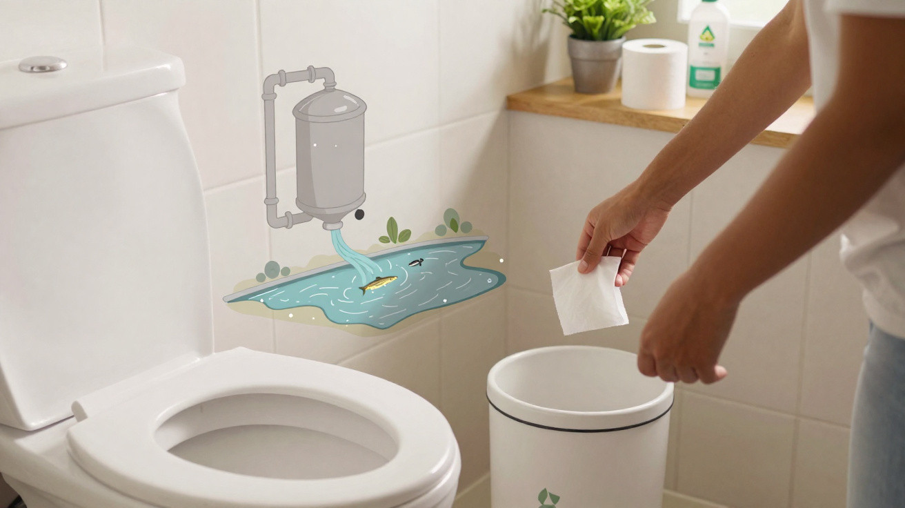 Person throwing toilet paper into a bin next to a toilet with a wall mural of water flowing from a pipe into a pond.