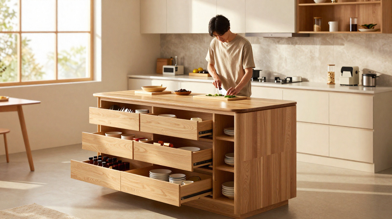 Person chopping vegetables on a wooden kitchen island with open drawers filled with dishes in a modern kitchen.